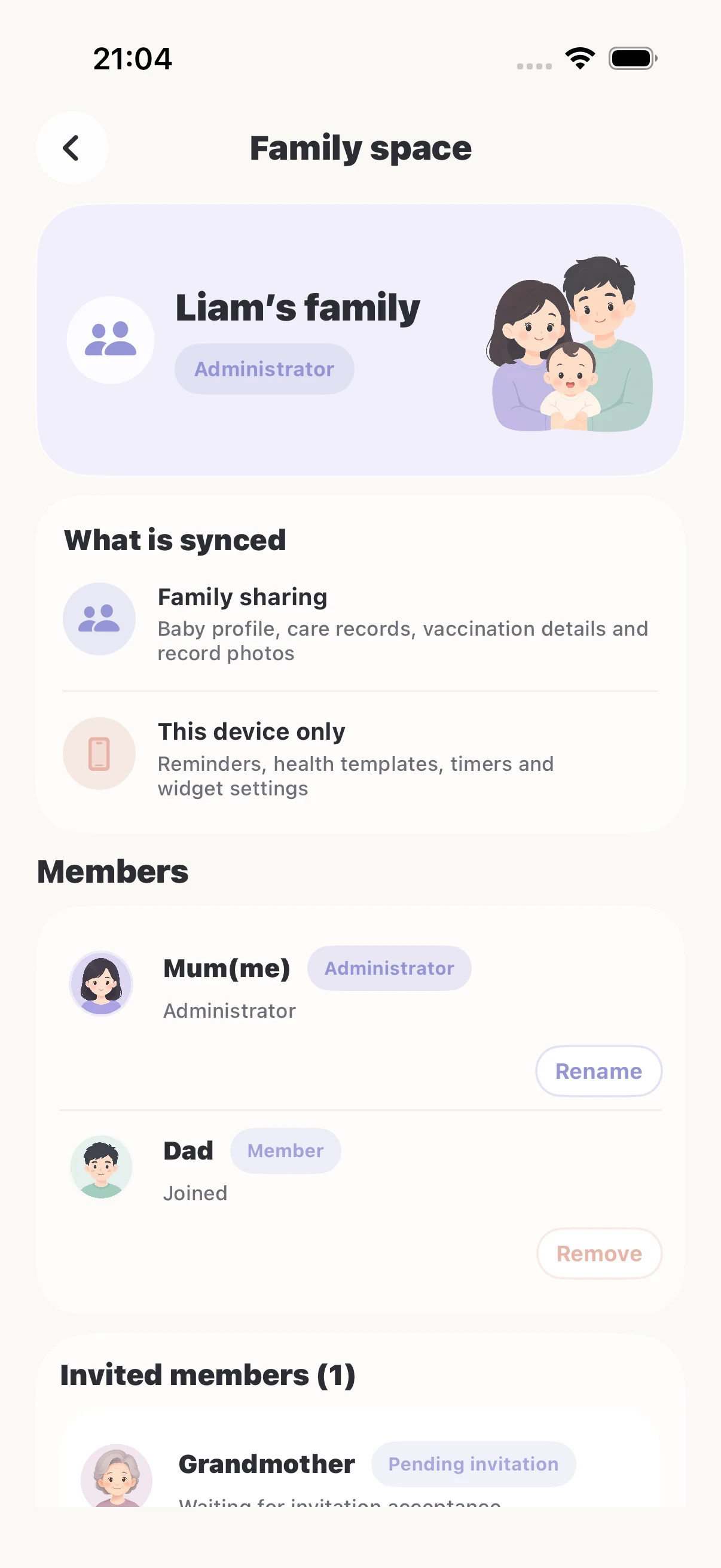 BabyTracker Family screen running in iPhone Simulator