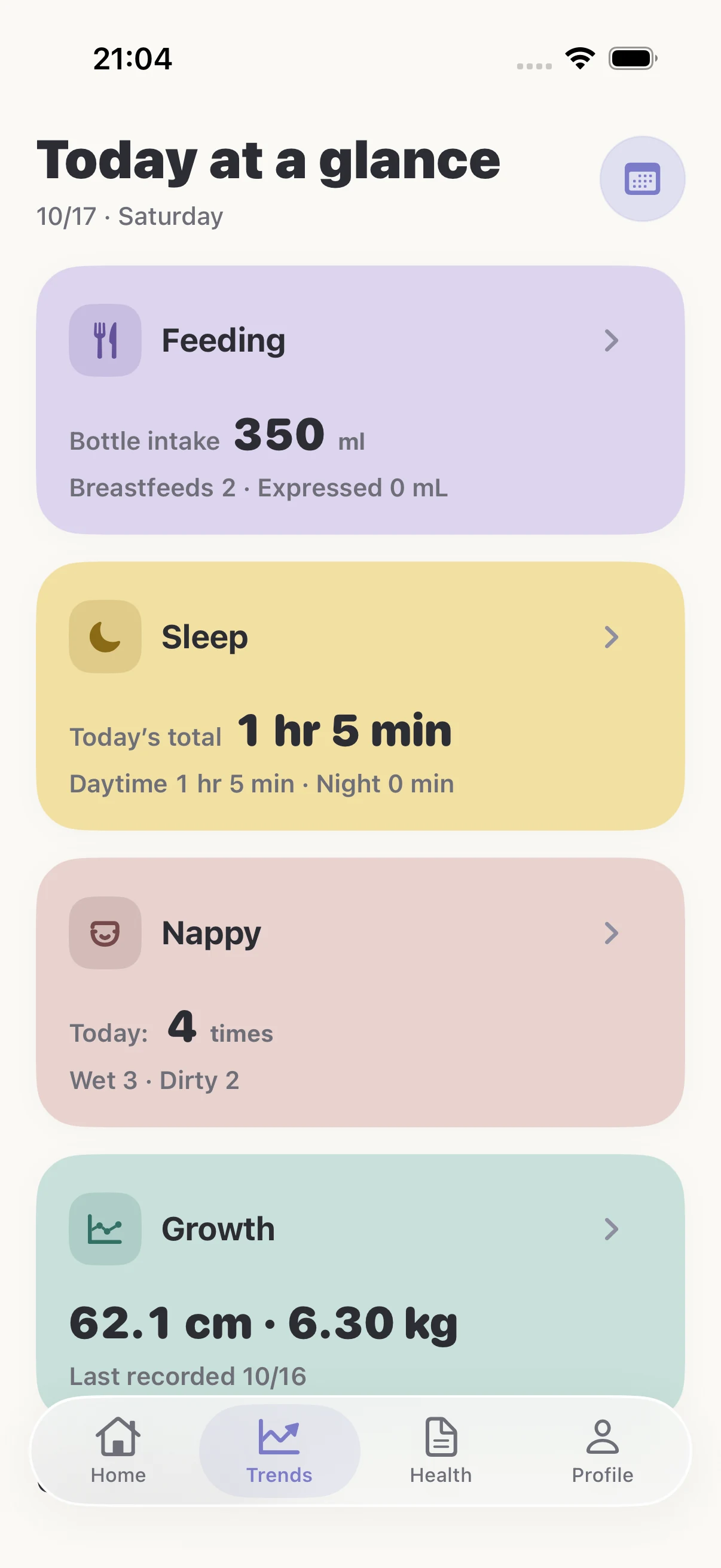 BabyTracker growth report running in iPhone Simulator, showing length and weight trends