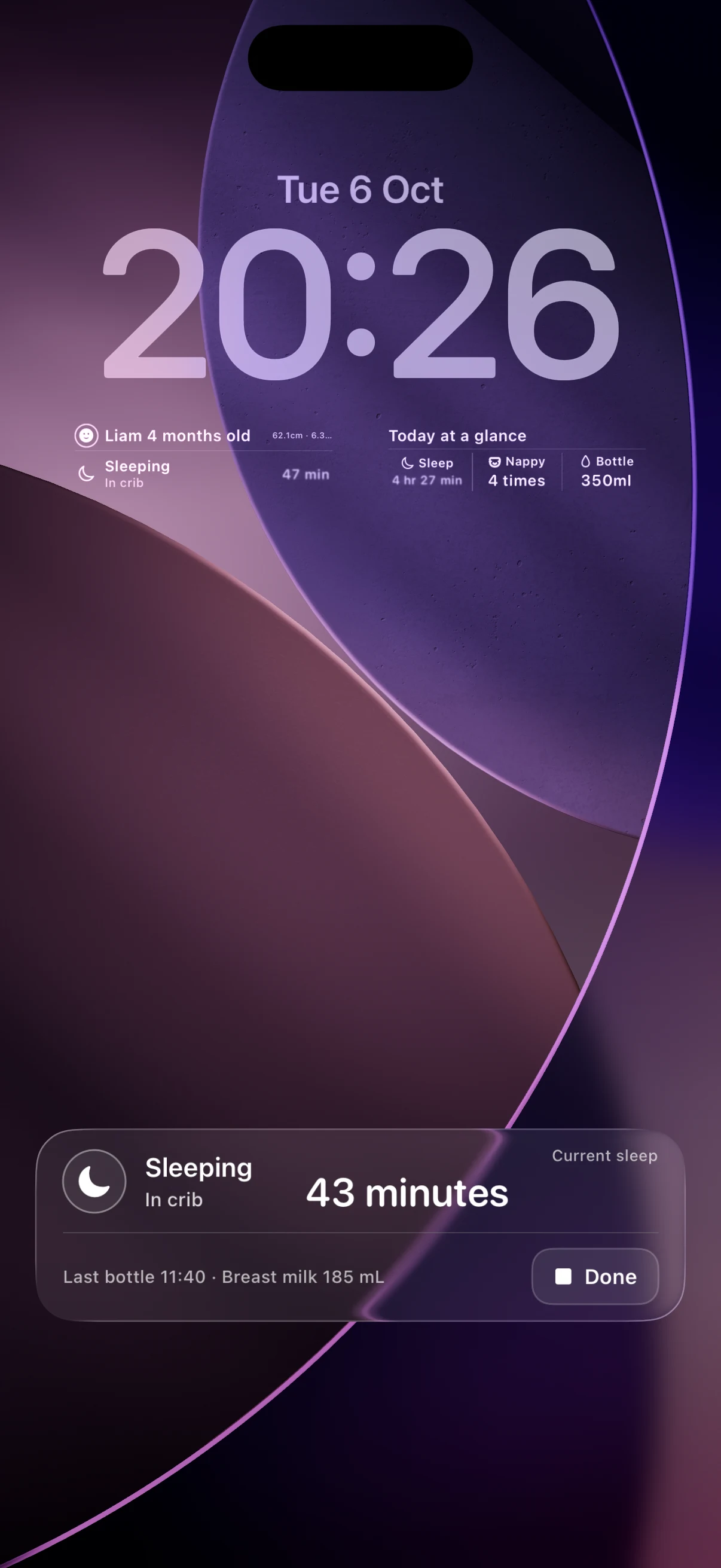 BabyTracker Lock Screen widgets showing age, ongoing sleep and daily totals